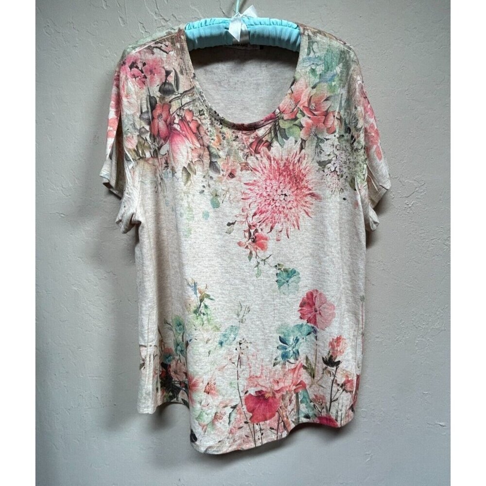 Origami OLS-4553 Womens Large Floral Short Sleeve T-Shirt Top Pointed Hem Casual